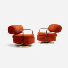 Milo Baughman, lounge chairs, pair, c. 1965, upholstery, chrome-plated steel, brass, plastic