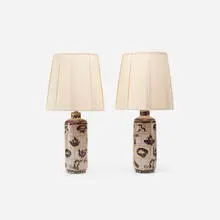 table lamps, pair by Guido Gambone, c. 1955, glazed stoneware, linen, brass, sold Oct 2017