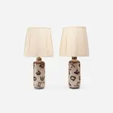 table lamps, pair by Guido Gambone, c. 1955, glazed stoneware, linen, brass, sold Oct 2017