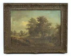 Robert Burrows, Untitled, a church and village beyond oil on canvas 43 x 58cm