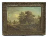 Robert Burrows, Untitled, a church and village beyond oil on canvas 43 x 58cm