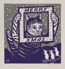 Untitled by Edward Bawden, Edward Bawden RA (1903-1989) 'Merry Xmas' - cat and three mice linocut, sold Nov 2020