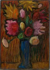 Alexej von Jawlensky, Blumen in blauer Vase (Rosenstrauss), 1936, Öl auf strukturiertem Malkarton