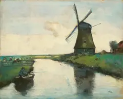 Lesser Ury, Holländischer Kanal mit Windmühle und Angler, Um 1912, Pastell auf Pappe