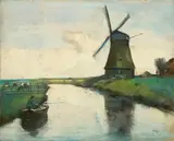 Lesser Ury, Holländischer Kanal mit Windmühle und Angler, Um 1912, Pastell auf Pappe