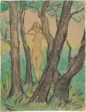 Otto Mueller, Stehender weiblicher Akt zwischen Bäumen, Um 1925, Aquarell und schwarze Kreide auf bräunlichem Papier