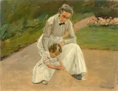 Max Liebermann, Enkelin und Kinderfrau beim Spielen im Garten, 1919, Öl auf Leinwand. Doubliert