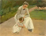 Max Liebermann, Enkelin und Kinderfrau beim Spielen im Garten, 1919, Öl auf Leinwand. Doubliert