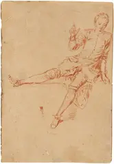 Jean-Antoine Watteau, Étude de jeune homme assis, la jambe droite et la main levées, Rötel auf dünnem Büttenpapier