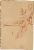 Jean-Antoine Watteau, Étude de jeune homme assis, la jambe droite et la main levées, Rötel auf dünnem Büttenpapier