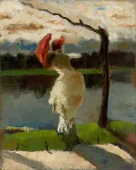 Lesser Ury, Dame mit Sonnenschirm am Ufer der Loire, 1882, Öl auf Leinwand. Doubliert