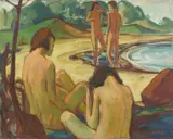 Max Kaus, Badende – Hockende am Strand (Insel Vilm), 1923, Tempera auf Rupfen