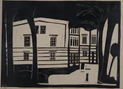 Houses by Vladimír Komárek, 1990s, linocut, paper, sold Mar 2024