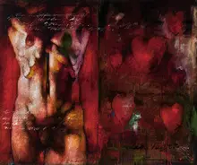 Jim Morphesis, Bruised Hearts, 1997, Oil, enamel, charcoal, collage, and gold leaf on two affixed wood panels