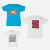 Keith Haring, Three shirts (Radiant Baby; Singing Cats; New York Pop Shop), c. 1989, screenprint on fabric