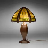 George H. Trautmann, Lamp shade on associated base, handwrought copper, slag glass