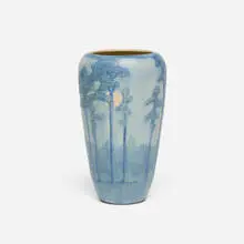 Scenic vase with tall pines and full moon by Anna Frances Simpson for Newcomb College Pottery, sold Jun 2026