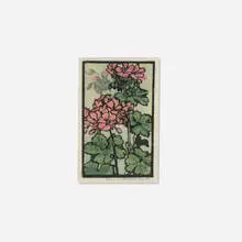 Two Geraniums by Frances Gearhart, c. 1937, woodcut in colors, sold Jun 2026