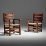 Gustav Stickley, Early U-back armchairs model 2616, pair, c. 1902, oak, rush