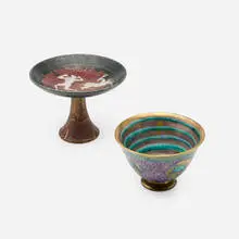 Jean Mayodon, Art Deco footed bowl and compote with stylized animals and figure, c. 1920, glazed and gilt stoneware