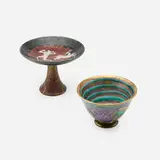 Jean Mayodon, Art Deco footed bowl and compote with stylized animals and figure, c. 1920, glazed and gilt stoneware