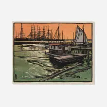 William S. Rice, Salmon Fleet - Oakland, c. 1920, woodcut in colors