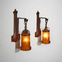 Handel, Sconces with stylized flowers and trees, pair, c. 1920, etched glass, handwrought copper