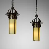 Arts and Crafts Style, Hanging lanterns, pair, handwrought copper, glass