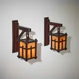 Arts & Crafts, Large sconces, pair, mahogany, slag glass