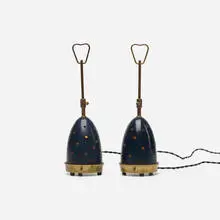 table lamps, pair by Angelo Lelii, 1952, brass, enameled and perforated aluminum, rubber, sold Oct 2017