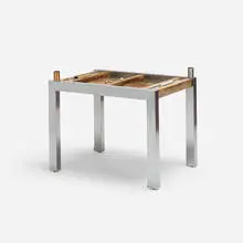 Paul Evans, Cityscape backgammon table, model PE 742 from the PE 800 series, 1978, chrome-plated steel, suede, aluminum, enameled aluminum, acrylic, plastic