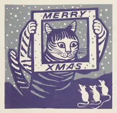 Untitled by Edward Bawden, Edward Bawden RA (1903-1989) 'Merry Xmas' - cat and three mice linocut sheet 47 x 32cm, sold Nov 2020