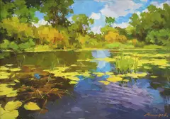 Untitled by Sergei Menyayev, b.1953) 'Forest Lake' oil on canvas 30 x 40cm, sold Nov 2020