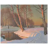 Mikhail Germashev, Woodland Stream in Winter, oil on canvas