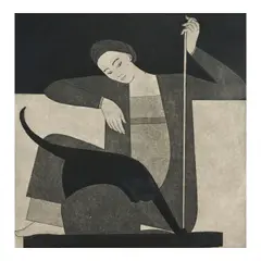 Will Barnet, Woman, Cat, and Yarn, 1980, Etching and aquatint on wove paper