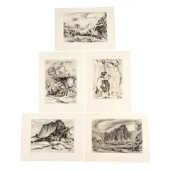 Ben, Lei Makers; Pali Road; Forest Opening; Kanehoe Landscape; Tantalus Victory Garden (5 works), 1938-43, Five etchings on BRK Rives paper