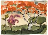 Baum mit roten Blüten in einer südlichen Landschaft by Emil Nolde, 1913, Aquarell, Tuschpinsel und Deckweiß auf Japanbütten, sold Nov 2013