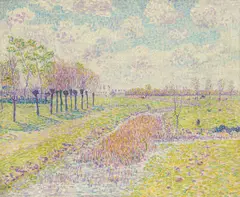 Paul Baum, Kopfweidenreihe an sonnigen Frühlingswiesen mit schilfgrasdurchwachsenem Bach“ („Frühlingslandschaft mit Wasserlauf“), Um 1906, Öl auf Leinwand