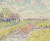 Paul Baum, Kopfweidenreihe an sonnigen Frühlingswiesen mit schilfgrasdurchwachsenem Bach“ („Frühlingslandschaft mit Wasserlauf“), Um 1906, Öl auf Leinwand