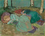 Heinrich Vogeler, Martha Vogeler und Paula Modersohn-Becker im Garten schlafend, Um 1904, Öl auf Pappe
