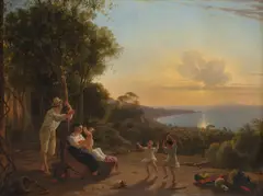 Franz Ludwig Catel, Familienszene mit tanzenden Kindern bei Sonnenuntergang am Golf von Neapel mit Blick auf die Insel Capri, Um 1825, Öl auf Leinwand. Doubliert