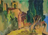Karl Schmidt-Rottluff, Cypressen in Brissago, Um 1927, Aquarell, Gouache und Tuschfeder auf Papier