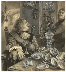 Adolph von Menzel, Der Austernesser, 1879, Tuschpinsel und -feder in Schwarz und Grau, mit Deckweiß gehöht, auf Papier