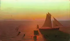 August Kopisch, Ein Schiff auf dem Meere von Delphinen umschwärmt, Um 1826, Öl auf Leinwand