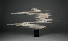 Flächenbahn by Norbert Kricke, 1962, Edelstahl, geschweißt und bronziert, auf Original- Steinsockel montiert, sold Nov 2013