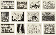 Lyonel Feininger, Zwölf Holzschnitte, 1921, Original-Halbpergamentmappe mit 12 Holzschnitten von 1918-1920 und Titelblatt, jeweils auf dünnem Japan, in Original-Passepartouts montiert
