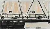 John Baldessari, Two Trucks/Two Decisions (on Bridge), 1996, Black and white photograph on glossy photographic paper printed to the edges