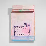 Pink Boat by Katherine Bradford, 2015, acrylic, burlap, wood construction, sold Sep 2023