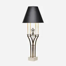 Table lamp by Tommi Parzinger, c. 1960, brass, enameled metal, painted wood, paper shade, sold Jul 2023
