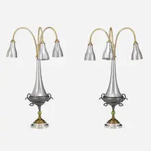 Dez Ryan, Floor lamps, pair, 1990, aluminum, brass-plated metal, plaster, plastic, patinated metal